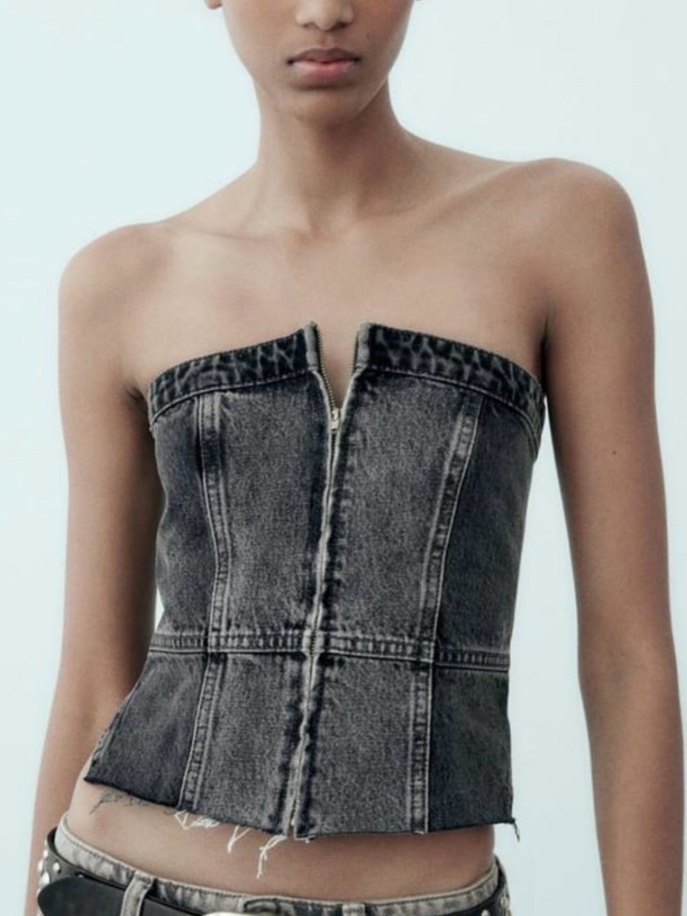 Zara Black Gray Denim Zip Front Strapless Top Small